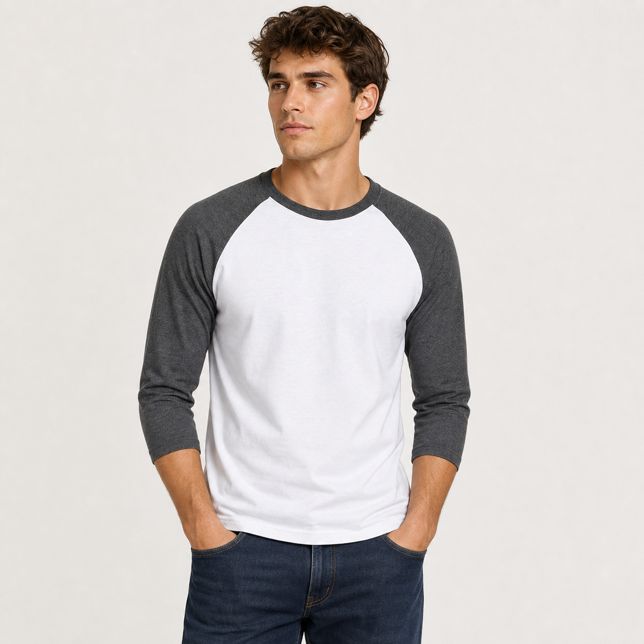 Men's Raglan Baseball Tee Shirt - Cotton Two Tone Casual Athletic Top - model view