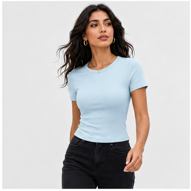 Women Short Sleeve Crewneck Ribbed Knit Slim Fitted Shirts Summer Tops Basic Tee Casual 2026 Spring Outfits Clothes - model v