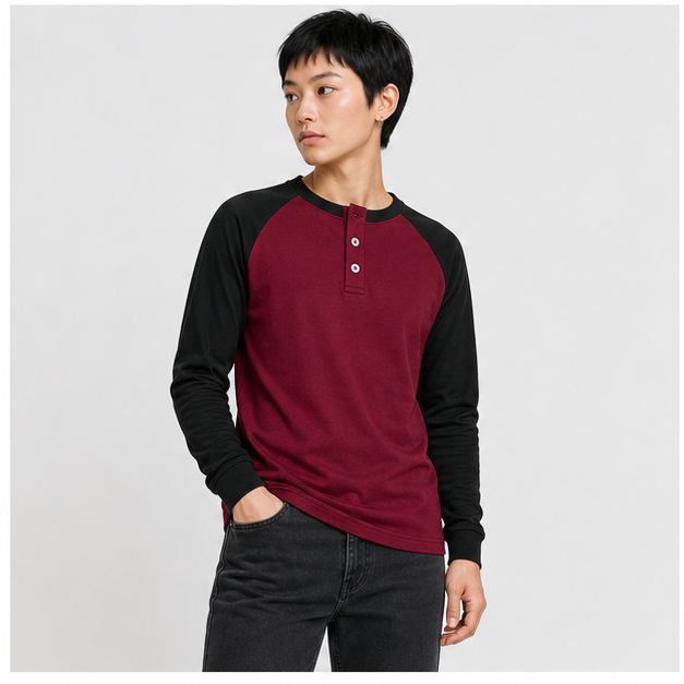 Men Men's Henley Shirt Fall Crewneck Color Block Slim Fit Long Sleeve T Shirts Button Up Tees - model view