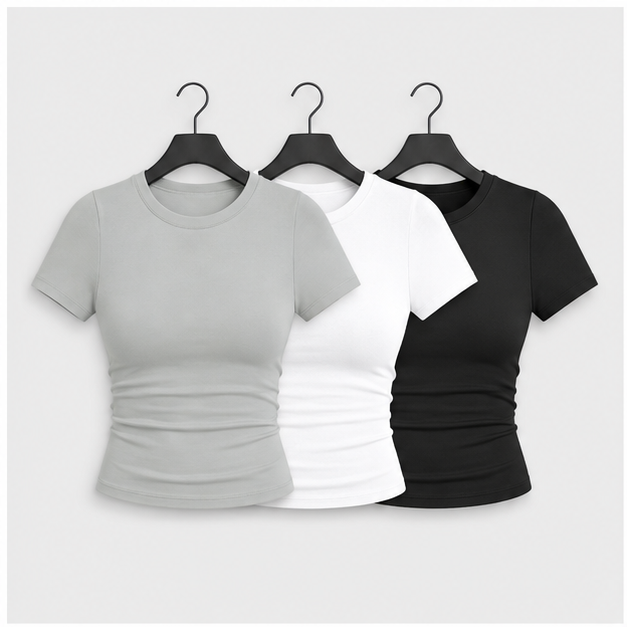 3 Pack Basic Tees for Women - Crew Neck Slim Fit Tight T Shirts Cute Y2K Trendy Crop Tops Clothes for Casual Summer - front v