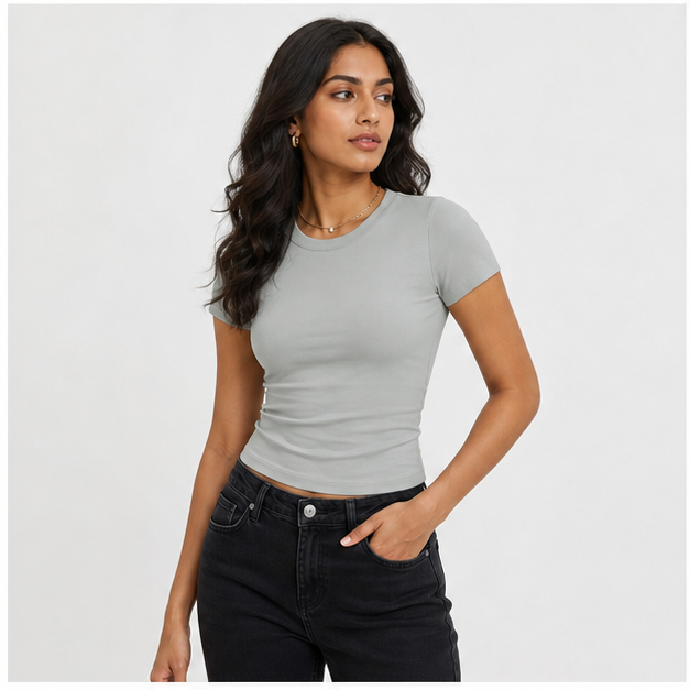 3 Pack Basic Tees for Women - Crew Neck Slim Fit Tight T Shirts Cute Y2K Trendy Crop Tops Clothes for Casual Summer - model v