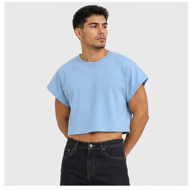 Men's Short Sleeve Crew Neck Cropped T Shirts Summer Basic Baggy Tee Tops - model view