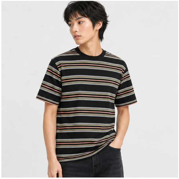 Men's Fashion Loose Fit Crewneck Stripe T-Shirt - model view