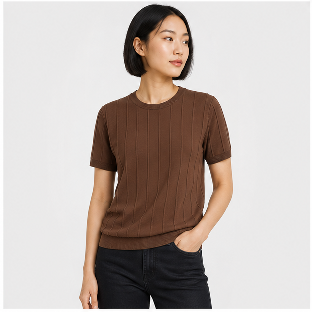 Men's T- Shirts Short Sleeve Knit Sweater Shirt Casual Crewneck Ribbed Pullover Tees - model view