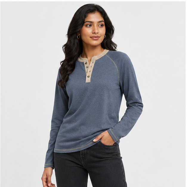 Mens Henley Shirts Long Sleeve Casual Button V Neck T-Shirt Lightweight Fashion Pullover Shirts - model view