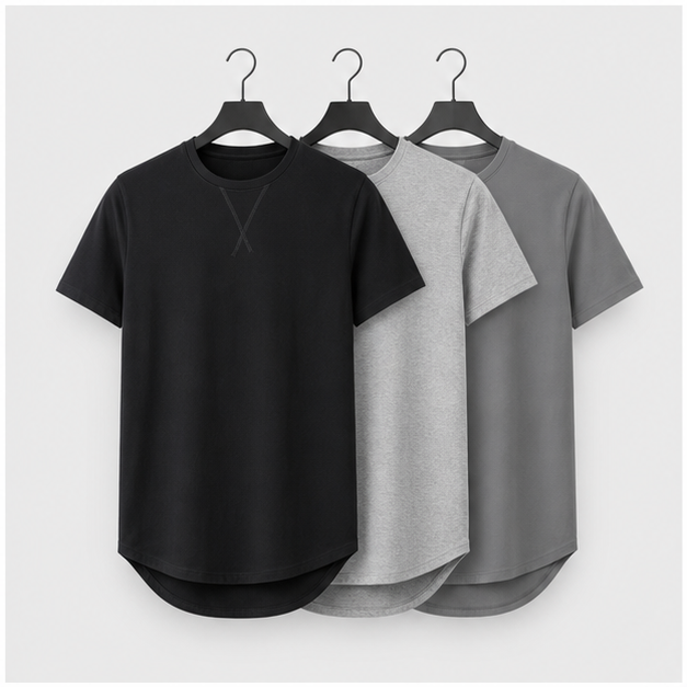 Men Mens 3 Pack Crewneck T-Shirts Multipack Short Sleeve Hipster Hip Hop Longline Classic Tee Tops - front view