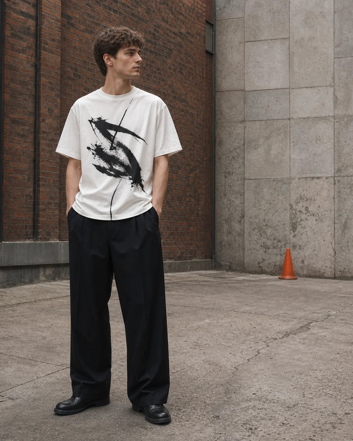 Model wearing a graphic T-shirt